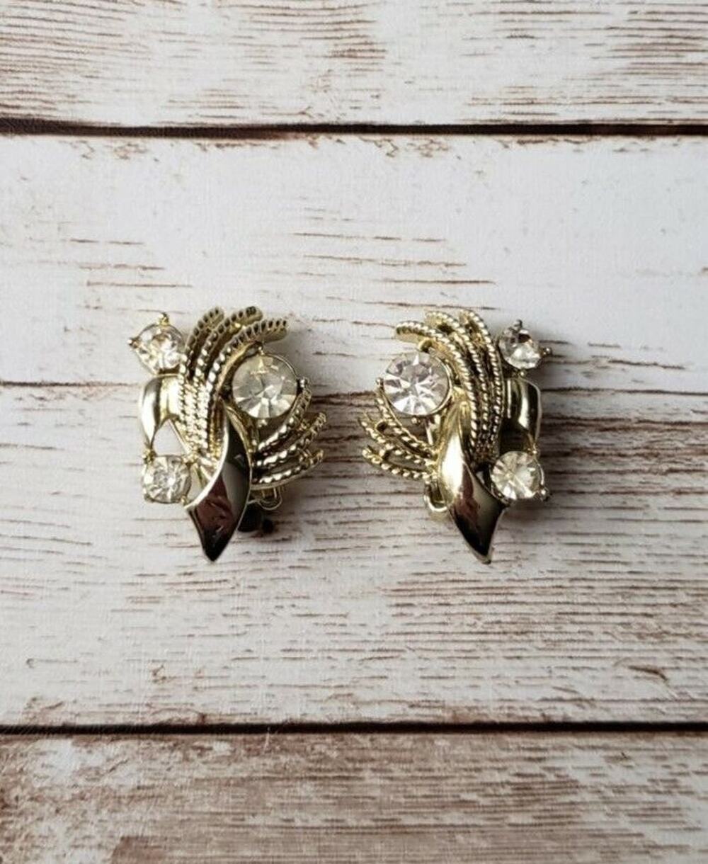 Vintage Coro Clip On Earrings Gold Tone with 3 Clear Gems